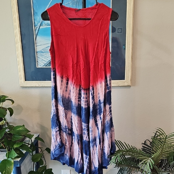 Red and Blue Tie-Dye Sleeveless Dress - Picture 1 of 1